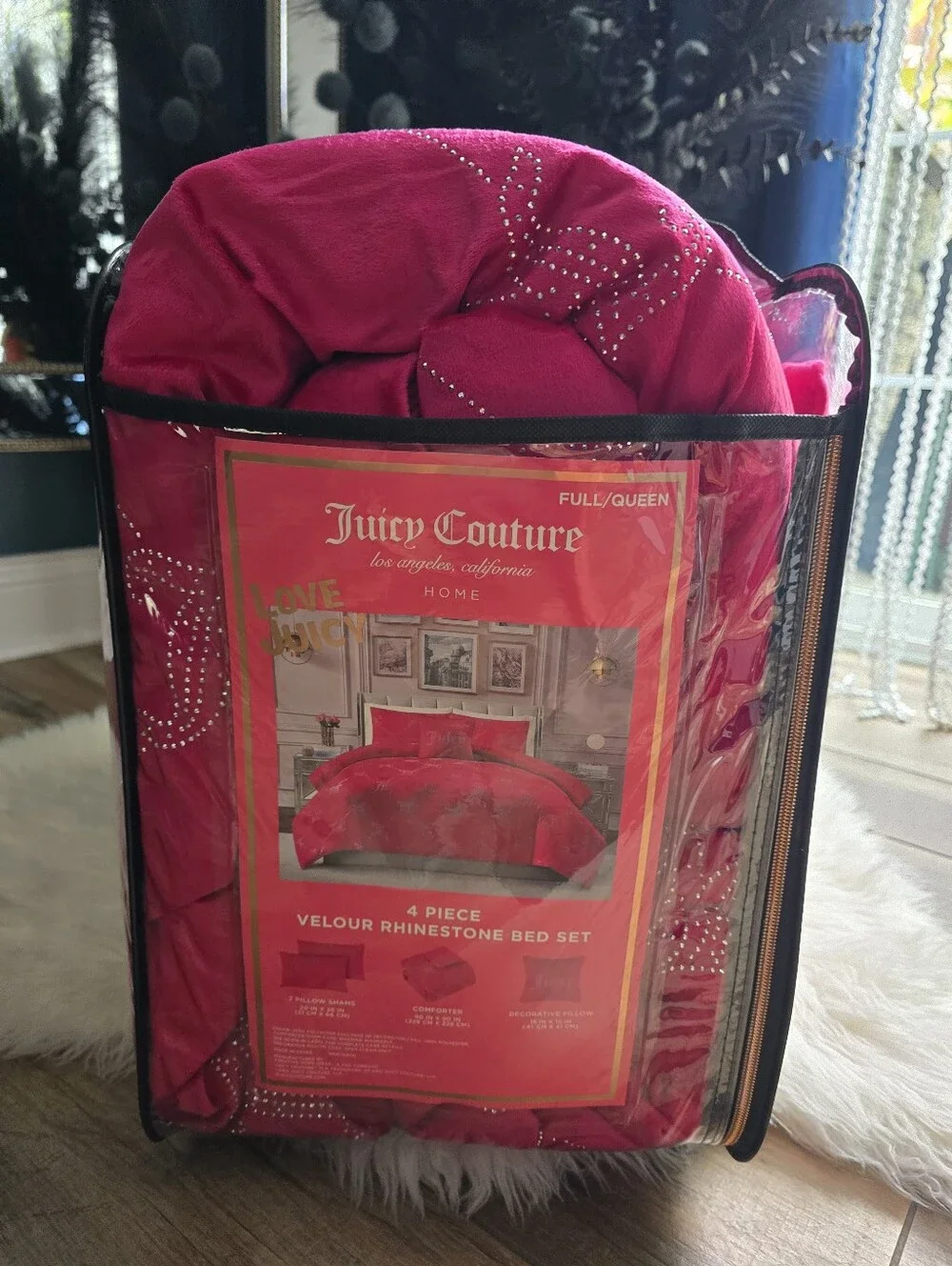 Juicy Couture Full/Queen Hot pink velour rhinestone bed set new